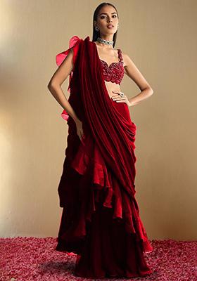 Red Pre-Stitched Saree Set With Hand Embroidered Blouse