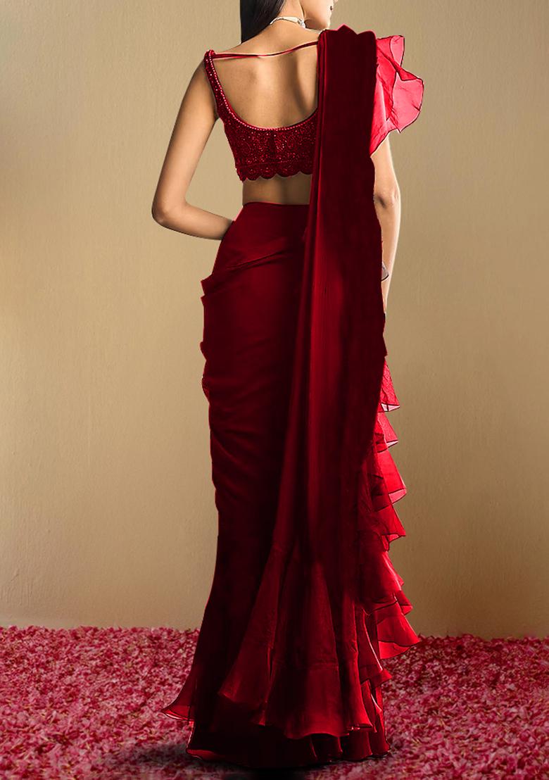 Red Pre-Stitched Saree Set With Hand Embroidered Blouse