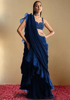 Indigo Pre-Stitched Saree Set With Hand Embroidered Blouse