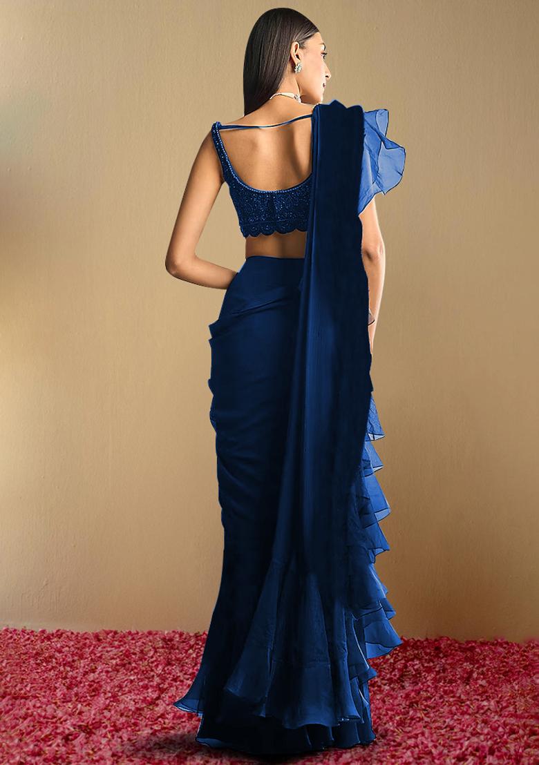Indigo Pre-Stitched Saree Set With Hand Embroidered Blouse
