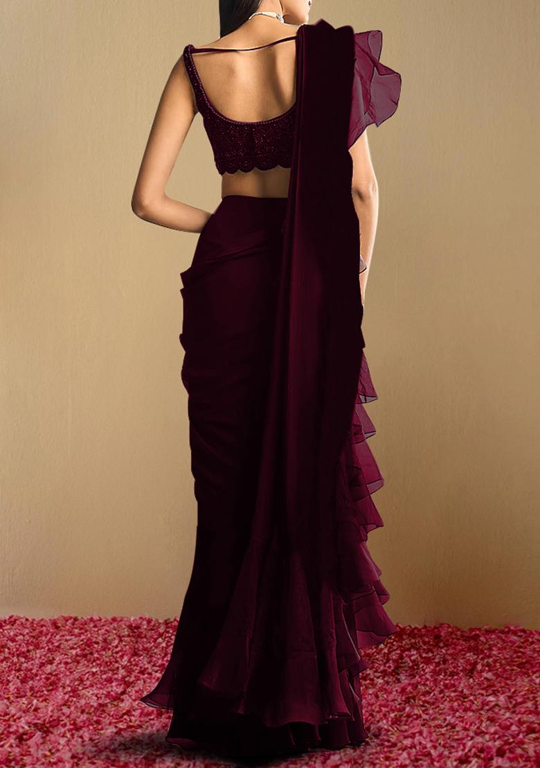 Burgendy Pre-Stitched Saree Set With Hand Embroidered Blouse