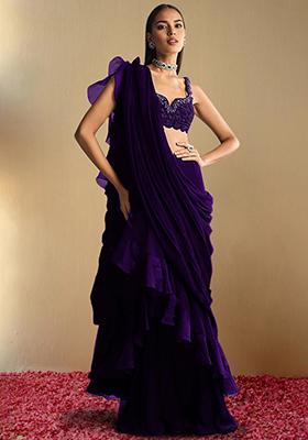Purple Pre-Stitched Saree Set With Hand Embroidered Blouse