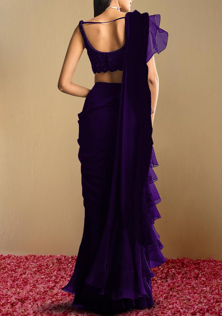 Purple Pre-Stitched Saree Set With Hand Embroidered Blouse