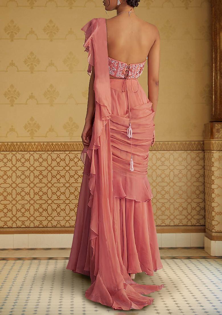 Pink Pre-Stitched Saree Set With Hand Embroidered Blouse