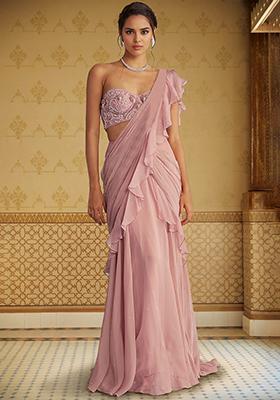 Blush Pre-Stitched Saree Set With Hand Embroidered Blouse
