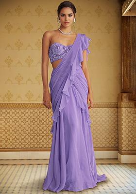 Lavender Pre-Stitched Saree Set With Hand Embroidered Blouse