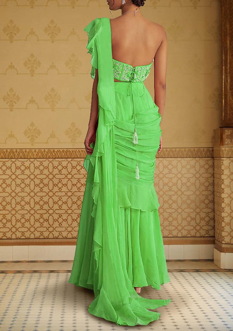 Parrot Green Pre-Stitched Saree Set With Hand Embroidered Blouse