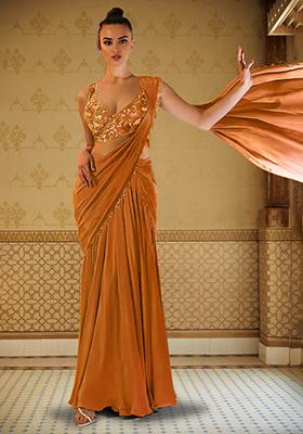 Mustard Pre-Stitched Saree Set With Hand Embroidered Blouse