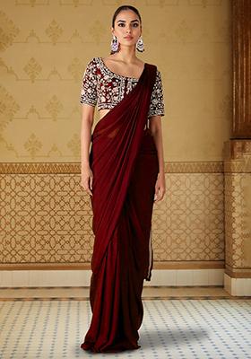 Cheery Red Pre-Stitched Saree Set With Hand Embroidered Blouse