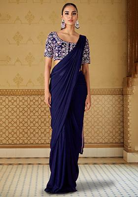 Indigo Pre-Stitched Saree Set With Hand Embroidered Blouse