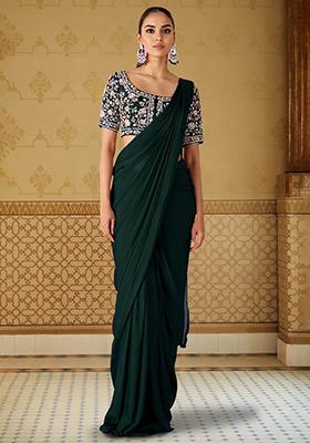 Dark Green Pre-Stitched Saree Set With Hand Embroidered Blouse
