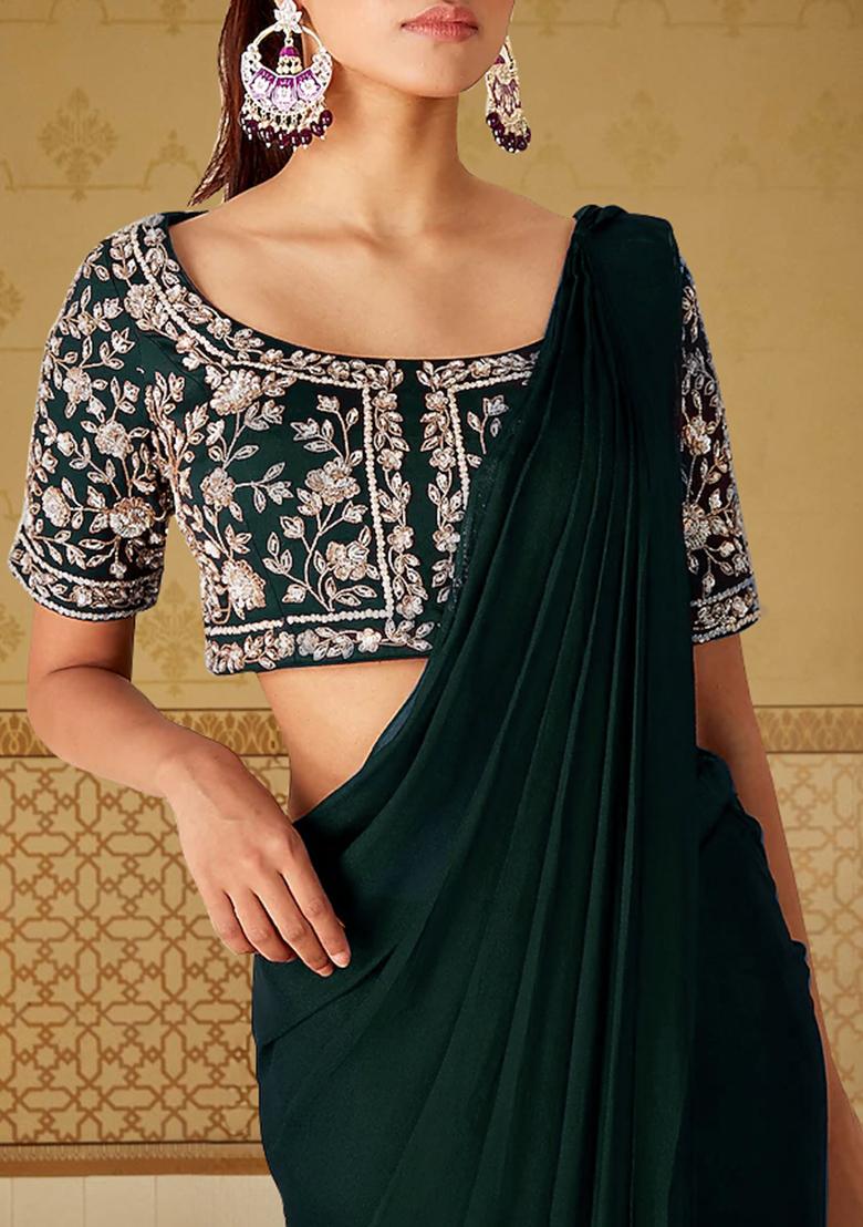 Dark Green Pre-Stitched Saree Set With Hand Embroidered Blouse