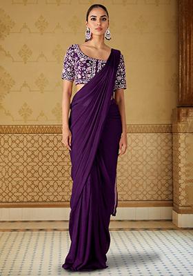 Purple Pre-Stitched Saree Set With Hand Embroidered Blouse