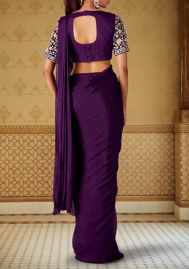 Purple Pre-Stitched Saree Set With Hand Embroidered Blouse