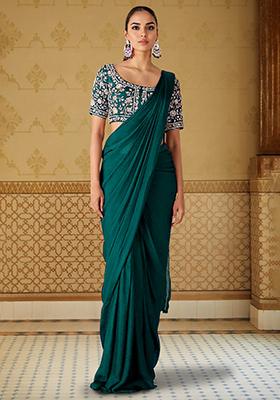 Teal Green Pre-Stitched Saree Set With Hand Embroidered Blouse