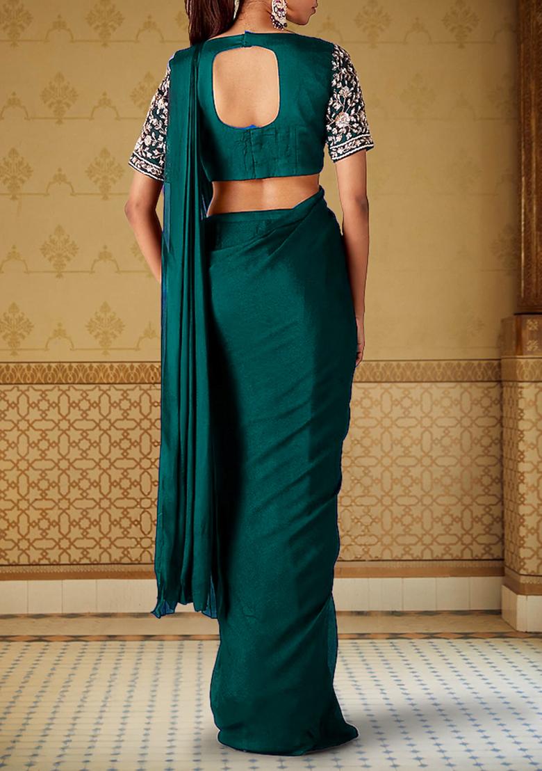 Teal Green Pre-Stitched Saree Set With Hand Embroidered Blouse