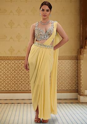 Yellow Pre-Stitched Saree Set With Hand Embroidered Blouse