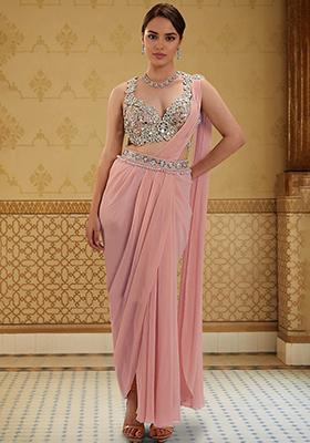 Blush Pre-Stitched Saree Set With Hand Embroidered Blouse