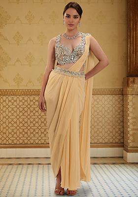 Butter Yellow Pre-Stitched Saree Set With Hand Embroidered Blouse