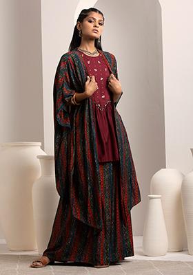 Maroon Embroidered Ajrakh Printed Set with Jacket 