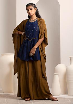 Navy Mustard Embroidered Ajrakh Printed Set with Jacket 