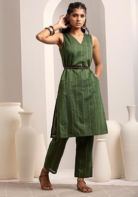 Green Embellished Belted Tunic and Pants Set 