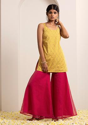 Yellow Pink Short Kurta and Sharara Pants Set