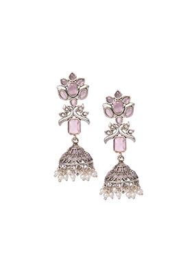 Oxidized Silver Pink Stone Floral Motif Dangler Earrings