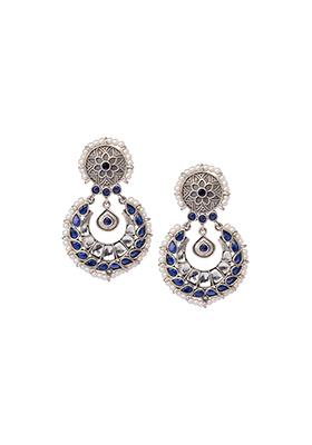 Oxidized Silver Blue Studded Drop Dangler Earrings