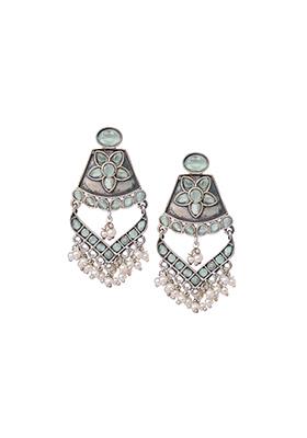 Oxidized Silver Green Stone Drop Dangler Earrings