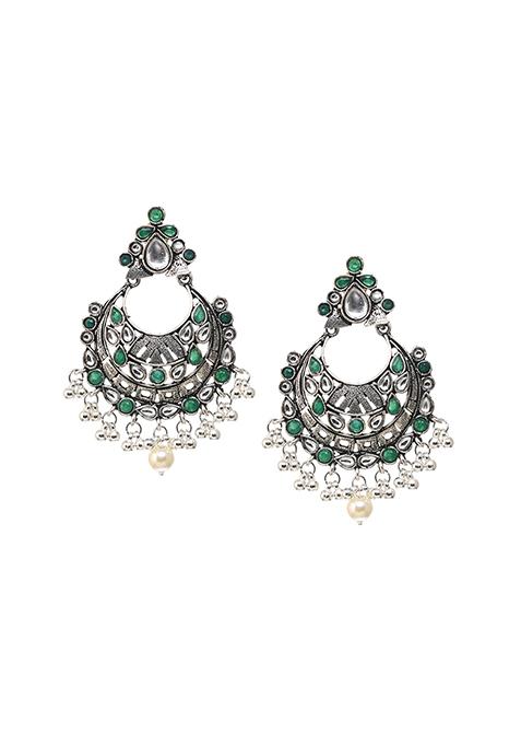 Oxidized Green White Pearl Stone Drop Dangler Earrings