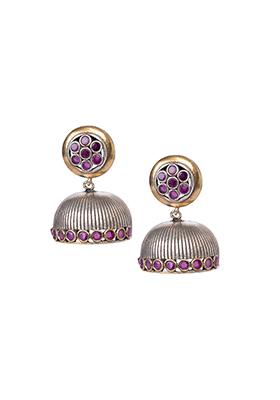 Dual Tone Pink Multi Stone Half Jhumka Earrings