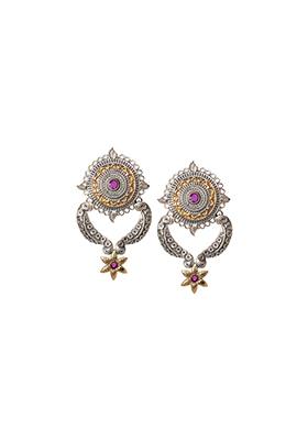 Dual Tone Pink Stone Floral Motif Dangler Earrings 
