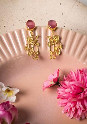Gold Pink Textured Leaf Dangler Earrings