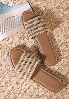 Tan Beige Lace Flat Sandals
