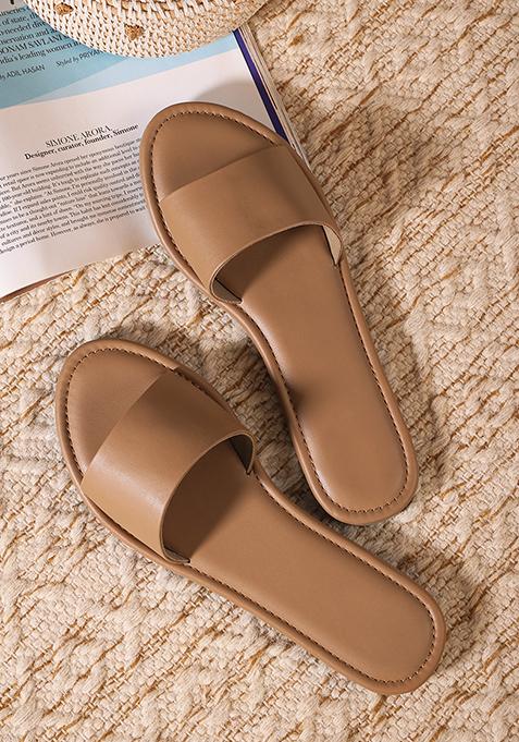 Tan Open Toe Flat Sandals 