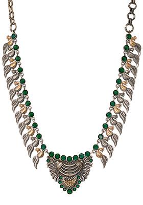 Dual Tone Green Stone Long Necklace 