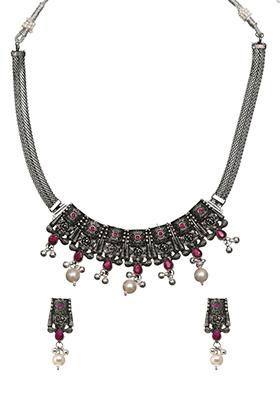 Oxidized Pink Green Stone Choker Necklace Earrings Set 