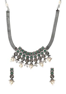 Oxidized Green Stone White Pearls Choker Necklace Earrings Set 