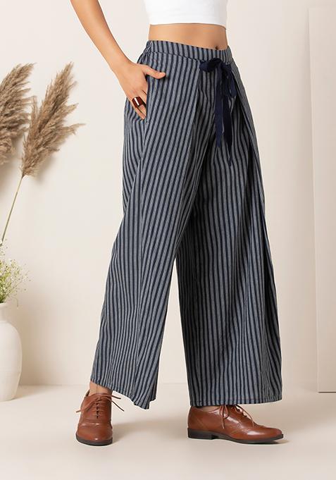 Buy Women Navy Striped Tie Overlap Straight Pants - Bottoms - Indya