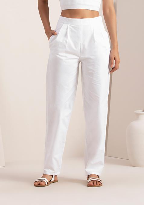 White Solid Narrow Pants
