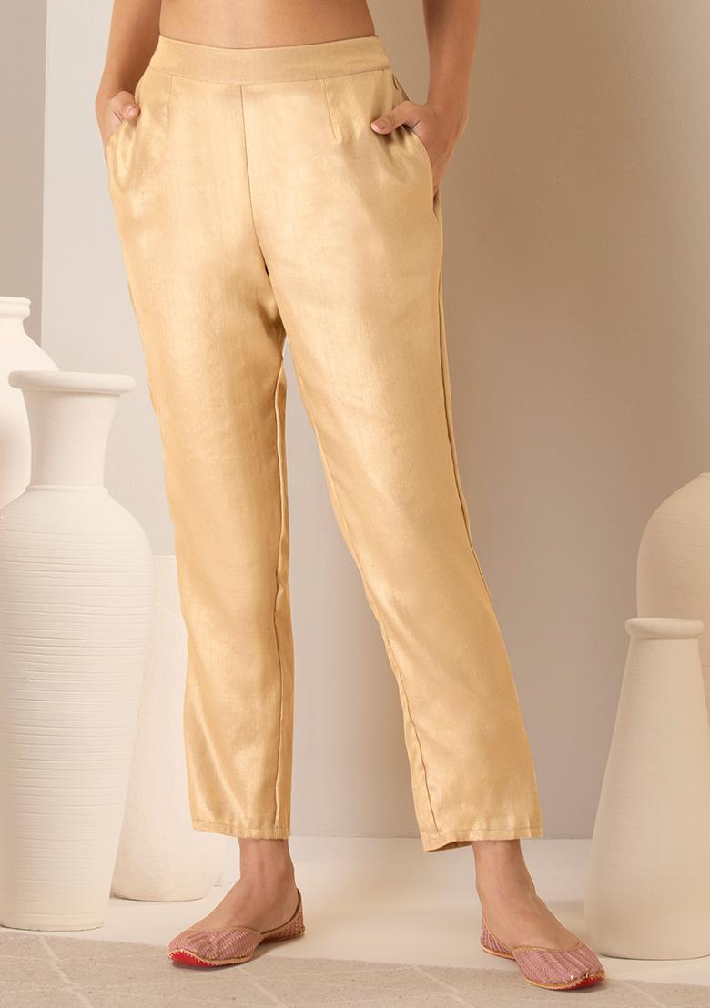 Buy Yellow Silk Fitted Pants for Women Online in India - Indya