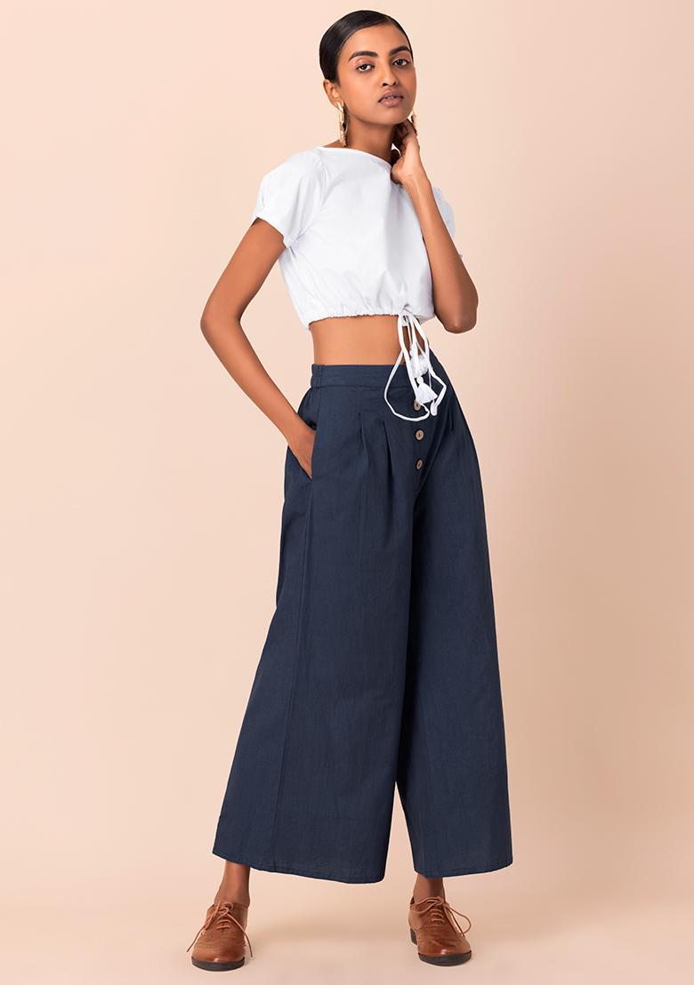 Buy Women Navy Paperbag High Waist Wide Legged Trousers  Trends Online  India  FabAlley
