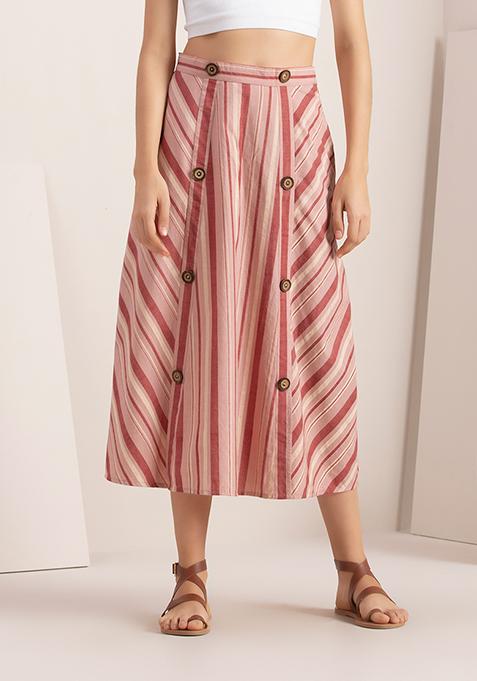 Blush Striped Buttoned Midi Skirt