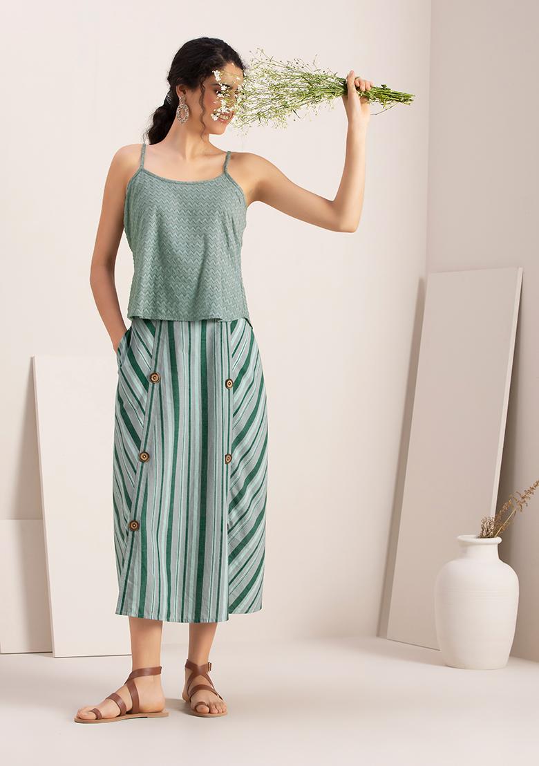 Green Striped Buttoned Midi Skirt  - Indya