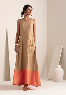 Beige Colorblock Tasselled Maxi Dress
