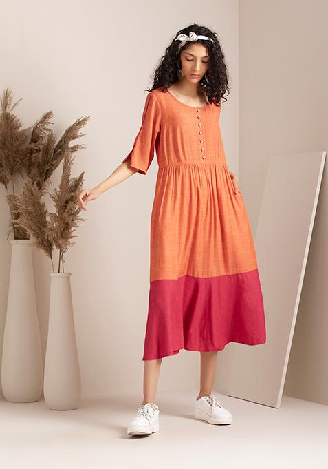 Orange Pink Colorblock  A-Line Dress