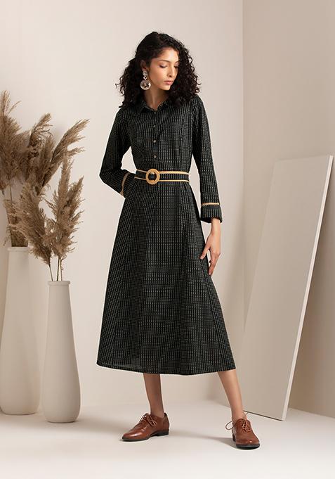 Black Collared Belted A-Line Dress 