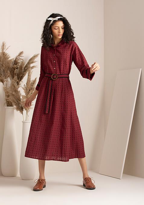 Maroon Collared Belted A-Line Dress 
