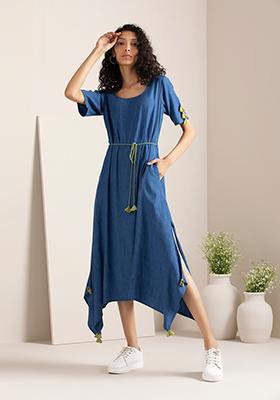 Indigo Belted Tasselled High Low Dress 